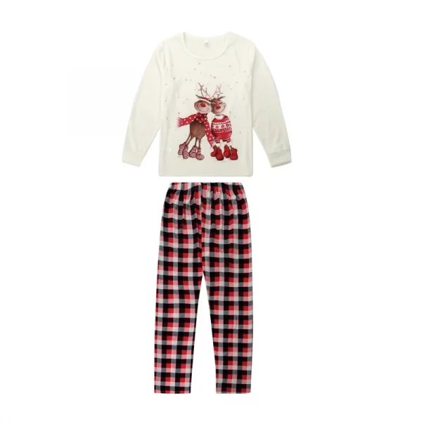Dog Family Christmas Matching Pajamas Set Cartoon Elk Print Long Sleeve Tshirt Top and Plaid Pants Parent Child Clothes - Image 3