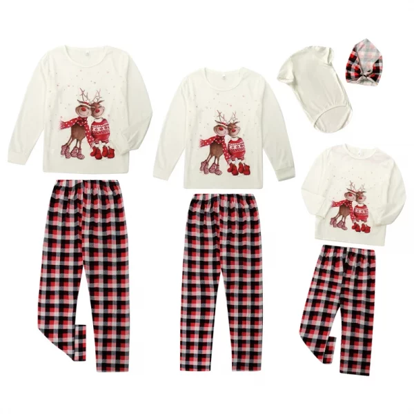 Dog Family Christmas Matching Pajamas Set Cartoon Elk Print Long Sleeve Tshirt Top and Plaid Pants Parent Child Clothes - Image 2