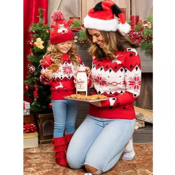 Mom and Daughter Matching Sweaters 2024 New Christmas Knitting Sweater Jacquard Print Pullover Tops Warm Thick Jumpers Xmas Look - Image 2