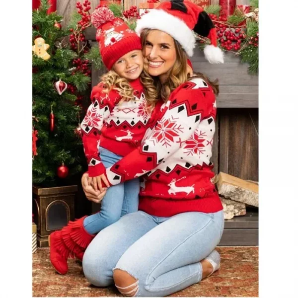 Mom and Daughter Matching Sweaters 2024 New Christmas Knitting Sweater Jacquard Print Pullover Tops Warm Thick Jumpers Xmas Look
