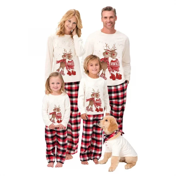 Dog Family Christmas Matching Pajamas Set Cartoon Elk Print Long Sleeve Tshirt Top and Plaid Pants Parent Child Clothes