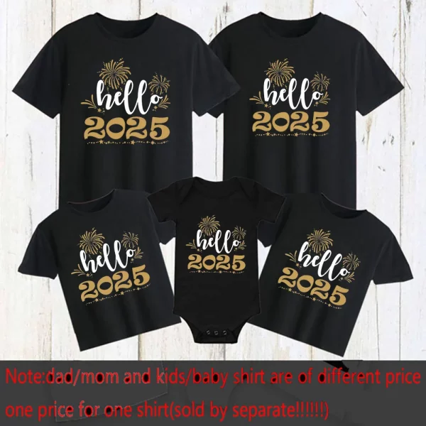 Hello 2025 Print Family Matching Clothes Happy New Year Dad Mom Kids Shirts Tee Baby Bodysuit Family Outfits Holiday Family Tops - Image 3