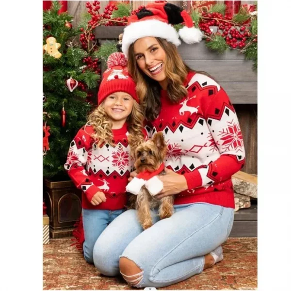 Mom and Daughter Matching Sweaters 2024 New Christmas Knitting Sweater Jacquard Print Pullover Tops Warm Thick Jumpers Xmas Look - Image 3