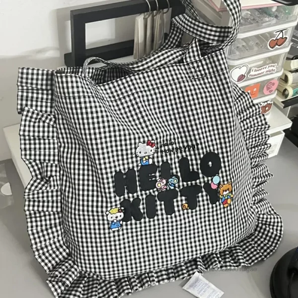 Sanrio Hello Kitty Black White Grid Ruffle Single Shoulder Bag Female Japanese Style Fashion Handbag Cute Y2k Student Canvas Bag - Image 5