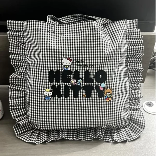 Sanrio Hello Kitty Black White Grid Ruffle Single Shoulder Bag Female Japanese Style Fashion Handbag Cute Y2k Student Canvas Bag - Image 3