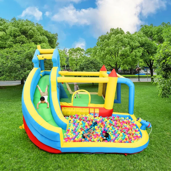 Children's trampoline, 5 in 1 inflatable trampoline, suitable for children 3-10 years old with slide plunge pool football net