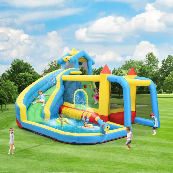 Children's trampoline, 5 in 1 inflatable trampoline, suitable for children 3-10 years old with slide plunge pool football net - Image 6