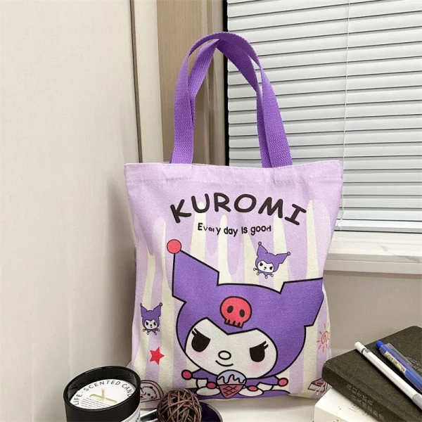 Kawaii Kuromi Cinnamoroll Hello Kitty Anime Canvas Bags Cute Cartoon Pompom Purin My Melody Canvas Tote Shoulder Bags For Girls - Image 2