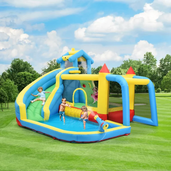 Children's trampoline, 5 in 1 inflatable trampoline, suitable for children 3-10 years old with slide plunge pool football net - Image 5