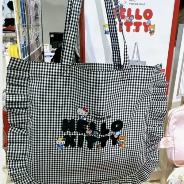 Sanrio Hello Kitty Black White Grid Ruffle Single Shoulder Bag Female Japanese Style Fashion Handbag Cute Y2k Student Canvas Bag - Image 4